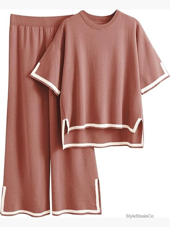 Pants - 2 Piece Lounge Sets Short Sleeve Knit Pullover Tops Wide Leg Pants